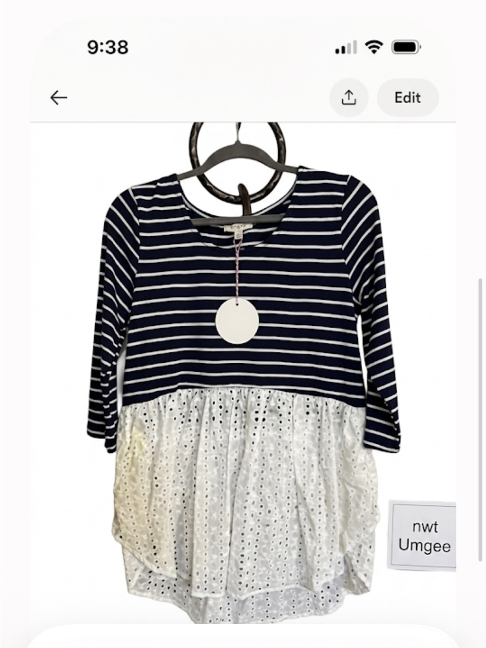 Umgee  Navy Top with White Eyelet Peplum nwt ptp 21-22